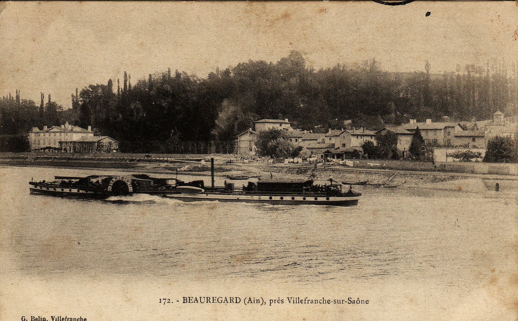 Bord de Saône avec La Parisienne bateau à aubes à Beauregard en 1908